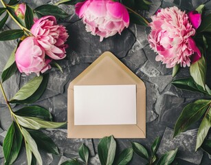 Elegant Pink Peony Greeting Card on grey Background - Celebration Mockup, graphic design, template