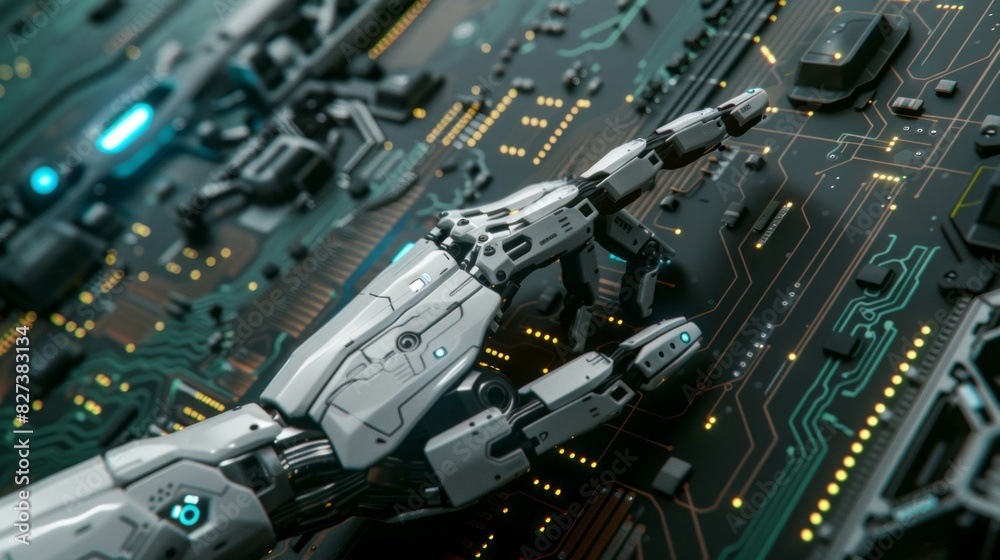 Poster a robot hand is touching a circuit board