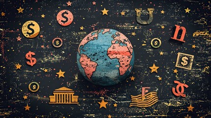 An illustration of a globe surrounded by currency symbols, representing global finance.