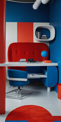 An open-concept office with a vibrant color scheme, featuring bold pops of red and blue against a backdrop of neutral tones. The furniture is modern and ergonomic, designed for both style