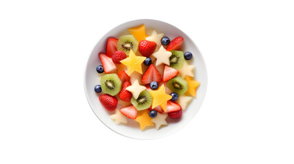 Fruit salad in a plate isolated on transparent background, top view.  Healthy diet food.