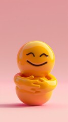 hugging emoji on a soft pink background with space for copy The emoji is yellow with open arms