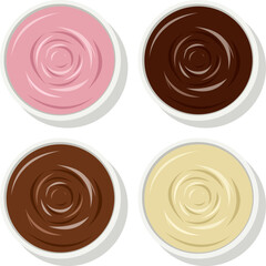 vector colorful puddings in bowls. creamy paste dishes