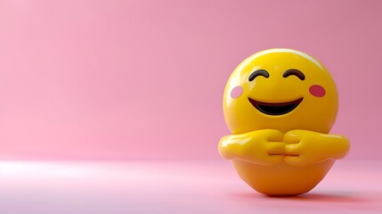 hugging emoji on a soft pink background with space for copy The emoji is yellow with open arms
