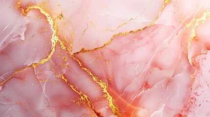 A detailed portrayal of a vibrant pink marble design featuring gold streaks