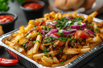 Traditional Dutch fast food kapsalon of french fries, meat, fresh salad and sauce