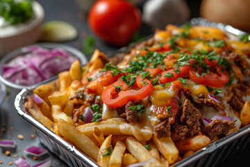 Traditional Dutch fast food kapsalon of french fries, meat, fresh salad and sauce