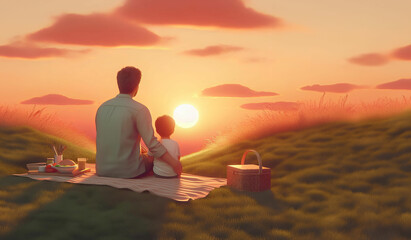 Father's Day, Father and son sit and watch the sunset together.