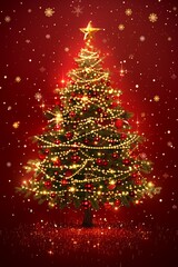 Festive xmas tree with sparkling bokeh lights on red background   merry christmas card design