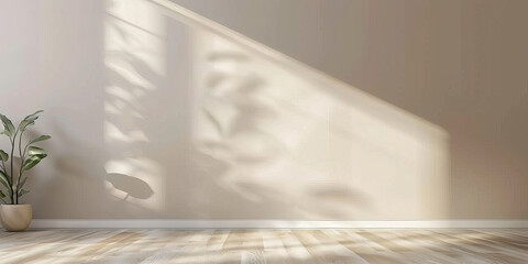 white empty room with shadow plant on beige cream wall texture and parquet floor, beige brown luxury wall for product display presentation