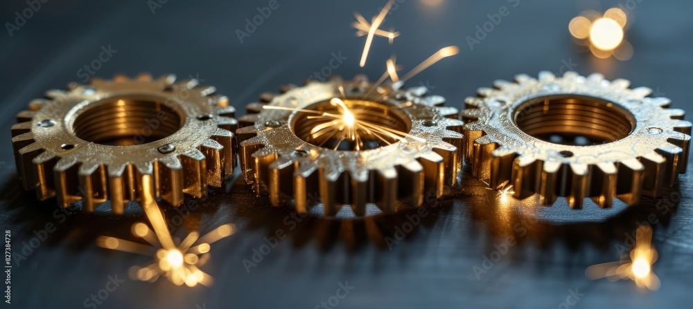 Poster fiery sparks close up of synchronizing gears in motion on blurred background with copy space