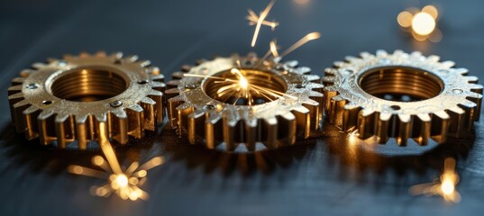 Fiery sparks  close up of synchronizing gears in motion on blurred background with copy space