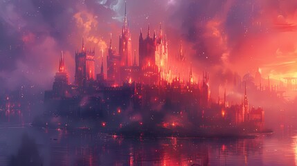 an enchanted castle with towers glowing in soft liquid hues