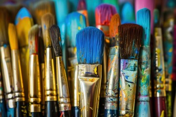Fototapeta premium Vibrant closeup image showcasing a collection of used paint brushes with residual paint