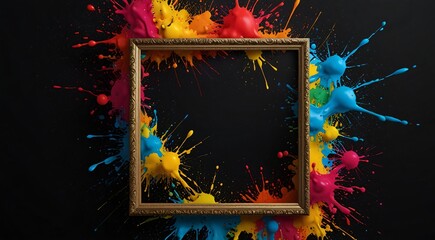 paint splashes and frame on dark background, creating a vibrant and artistic composition.