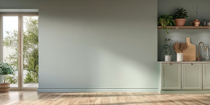  mpty kitchen wall mockup with light green cabinets and beige floor, modern minimalist style interior design