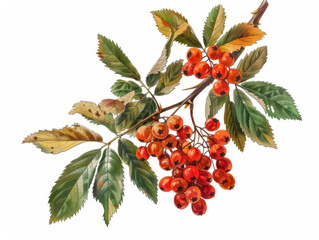Antique botanical print of a rowan berry.academy, aesthetic,isolated on white background, old botanical illustration