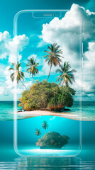 Nature in the Maldives, blue sea, sandy beach, palm trees, small island
