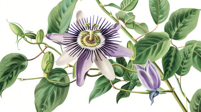 Historical botanical illustration of a maypop passionflower.academy, aesthetic,isolated on white background, old botanical illustration