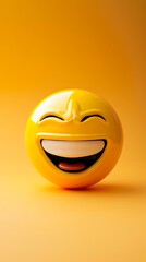Fototapeta premium laughing emoji on a pastel yellow background with ample space for text The emoji is bright yellow with a wide smile and closed eyes