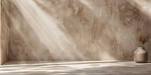 Fototapeta premium white empty room with shadow plant on beige cream wall texture and parquet floor, beige brown luxury wall for product display presentation