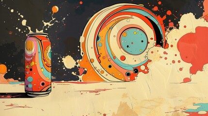 Fototapeta premium Colorful abstract artwork featuring a vibrant, painted can and swirling patterns on a dark, splattered background.