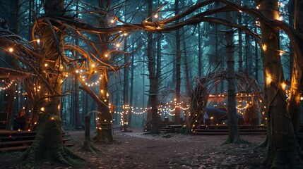 A forest music festival with stages of intertwined branches and enchanting fairy lights for a magical experience.