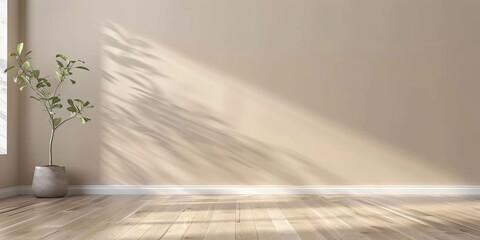 white empty room with shadow plant on beige cream wall texture and parquet floor, beige brown luxury wall for product display presentation