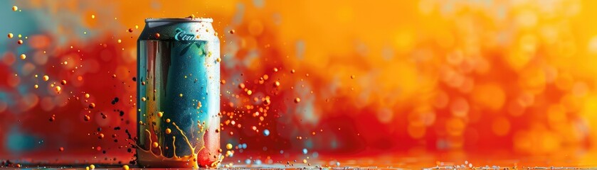 Colorful soda can with vibrant splash on fiery background, representing summer refreshment and energetic beverage choice.
