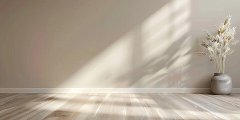 white empty room with shadow plant on beige cream wall texture and parquet floor, beige brown luxury wall for product display presentation