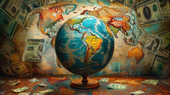 An illustration of a globe surrounded by currency symbols.