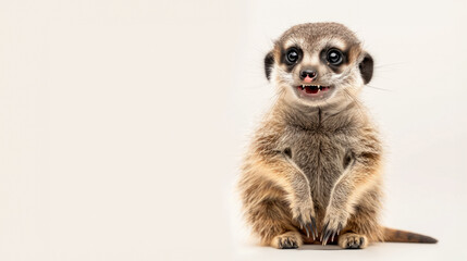 Fototapeta premium A cute meerkat looking directly at the camera, positioned against a simple white background, radiating curiosity