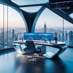 A futuristic office space, with holographic screens and floating desks that give the illusion of a weightless environment. The walls are made of glass, providing a stunning view of the city skyline.