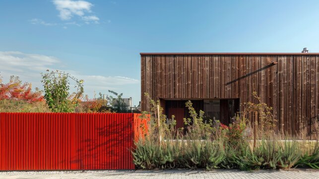 Wooden structure and walls of a recent building positioned past the crimson fence barrier