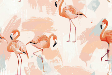 a flock of flamingos with dynamic brushstrokes and pastel colors on a painterly background