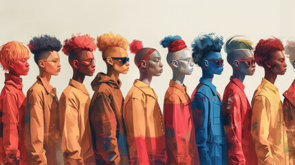 Naklejka premium A vibrant portrait showcasing a lineup of albino individuals with dynamic poses and vividly colored hair, highlighting diversity and expression