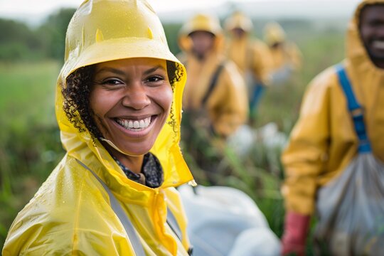 A Smiling Emergency Responder in Yellow Rain Gear