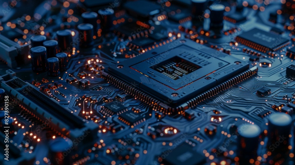 Poster a close up of a computer chip with a blue background