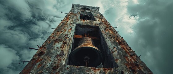A bell tower with a rusted bell on top