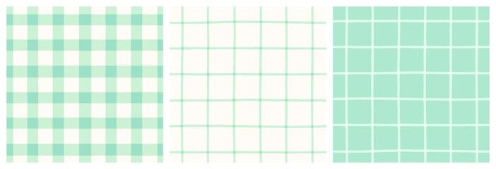 Mint green patchwork quilt gingham check and grid seamless vector pattern. Pastel green on white vichy check plaid print