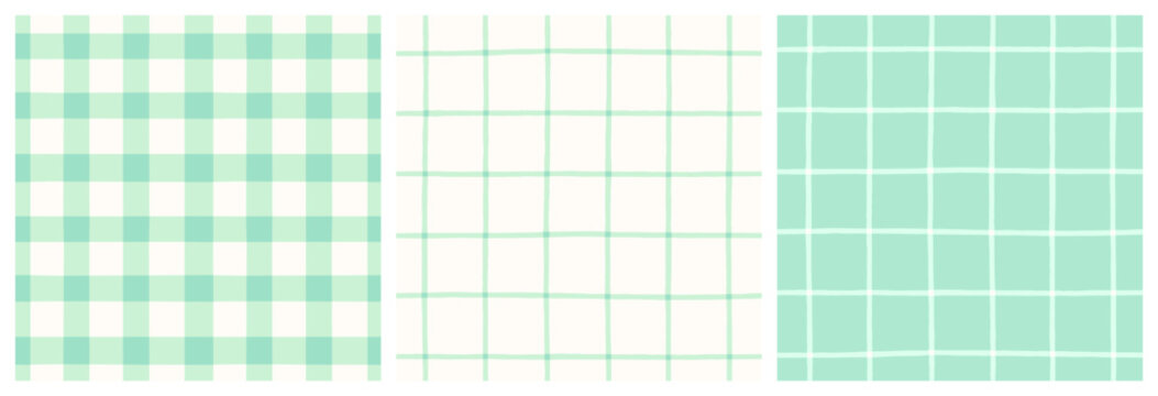 Mint green patchwork quilt gingham check and grid seamless vector pattern. Pastel green on white vichy check plaid print