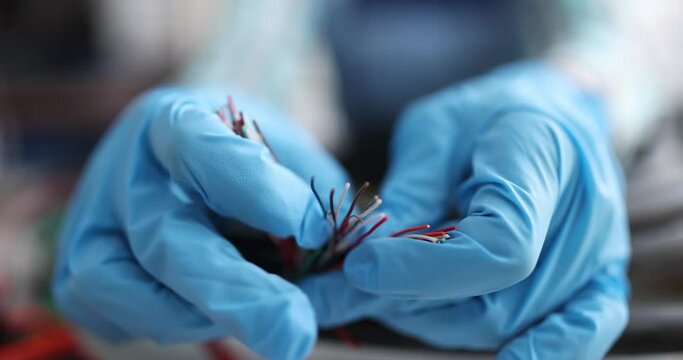 Electrical engineer in gloves sorts out multi-colored electrical wires. Electrical wiring concept