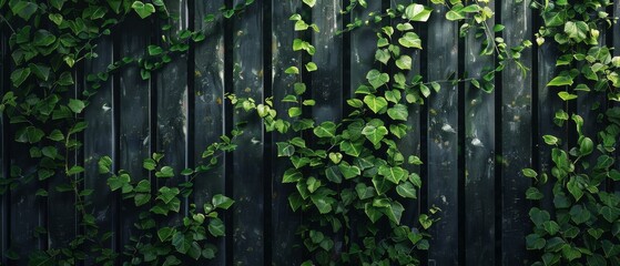 A green vine is growing on a wooden fence - Powered by Adobe