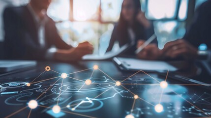 close up businessman discussion meeting in office with connection effect, business background