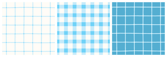 Light blue patchwork quilt gingham check and grid seamless vector pattern. Pastel blue on white vichy check plaid print.