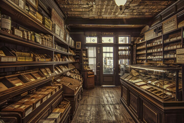 A vintage-themed image of an old tobacco shop, with rows of different tobacco blends, evoking nostalgia.