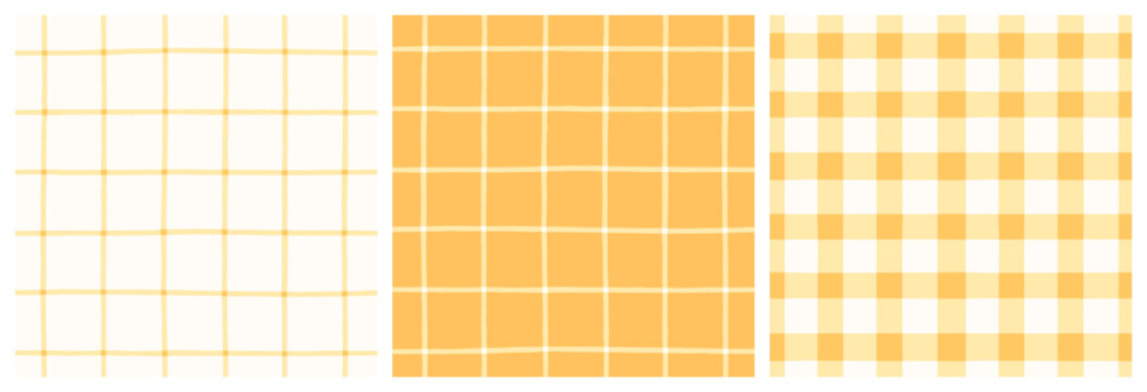 Yellow patchwork quilt gingham check and grid seamless vector pattern. Pastel orange on white vichy check plaid print.
