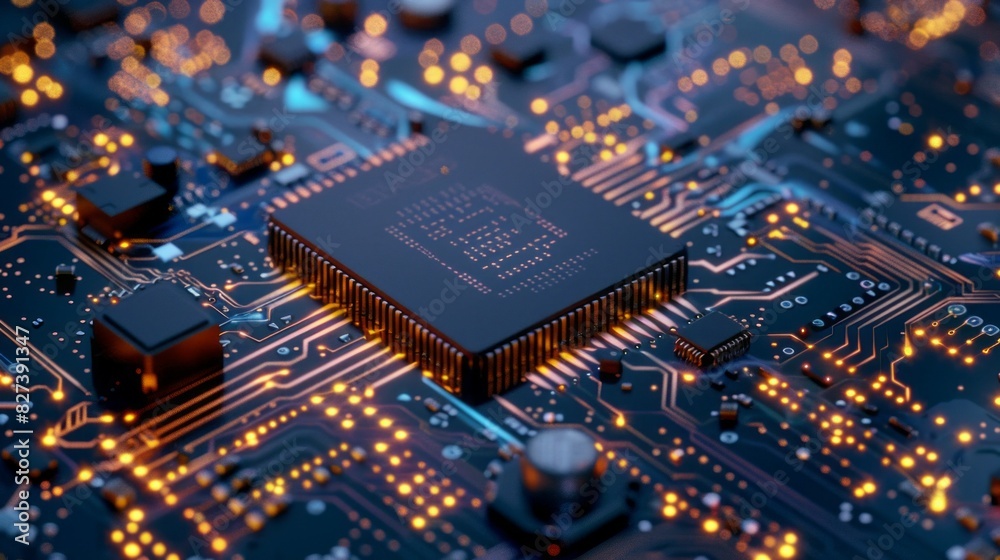 Poster a close up of a computer chip with a bright orange glow