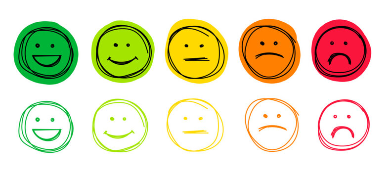 Doodle emoticons icons set. Emoji faces collection. Emojis doodle style set. Happy smile neutral sad and angry. Vector illustration