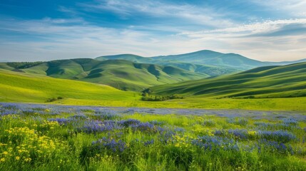 Panoramic Landscape of Green Hills with Blossoming Flowers